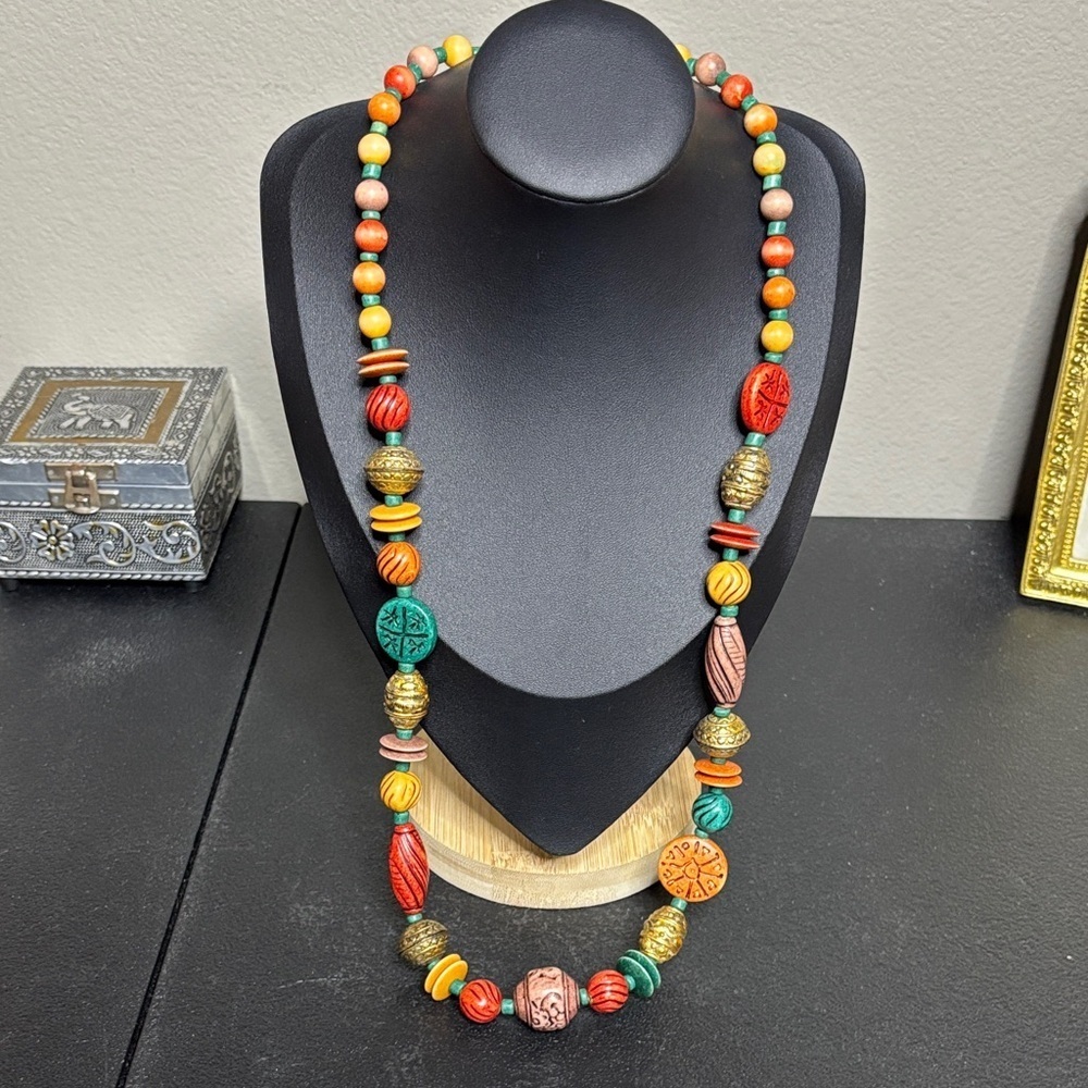 Colorful Boho Resin Wood Beaded Long Necklace